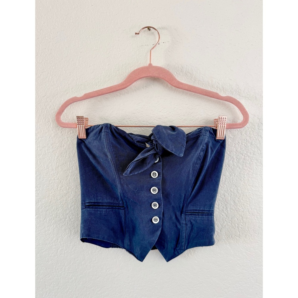 Maeve Anthropologie Strapless Bustier Top Women XS Navy Blue Bow Button